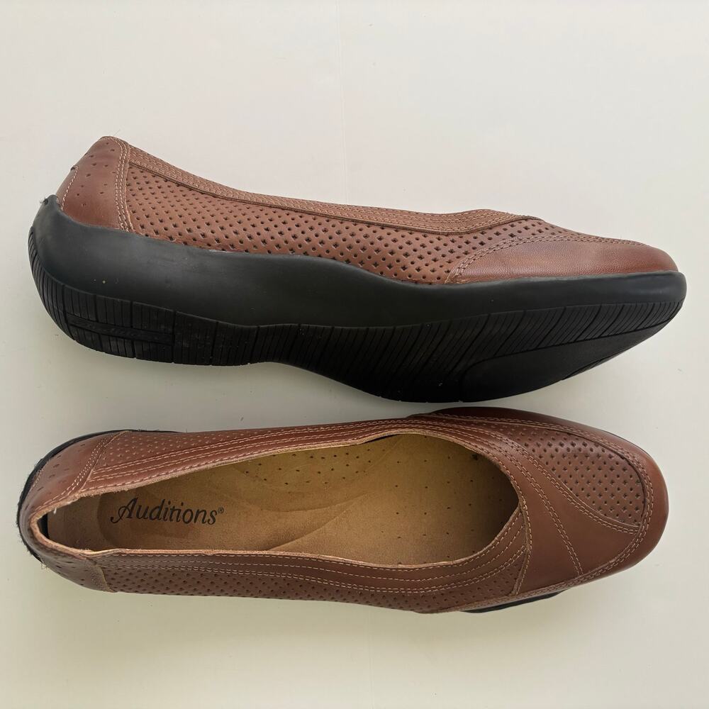 Auditions Brown Leather Comfort Flats Perforated Slip On Women's Size 12M